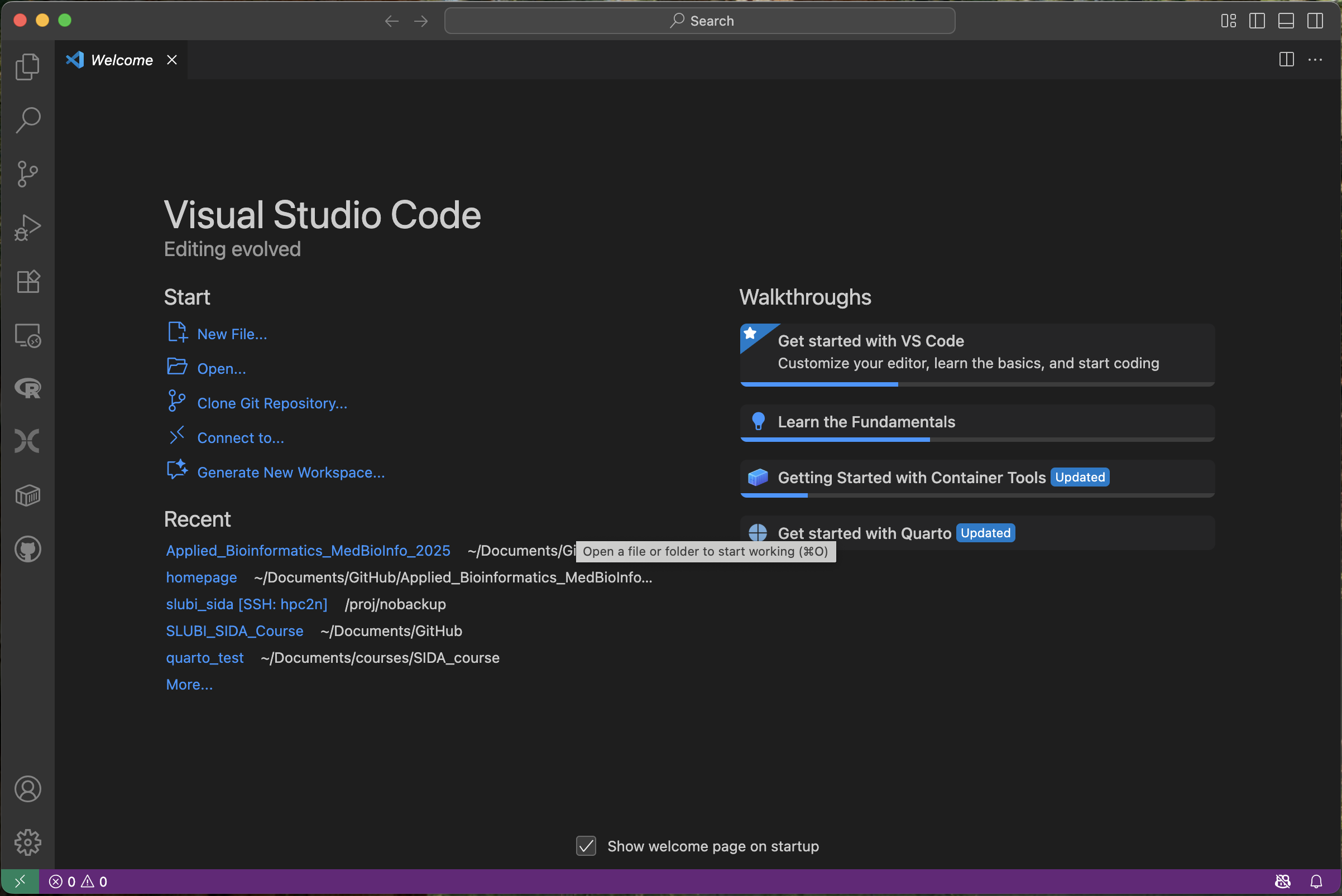 VScode starting screen